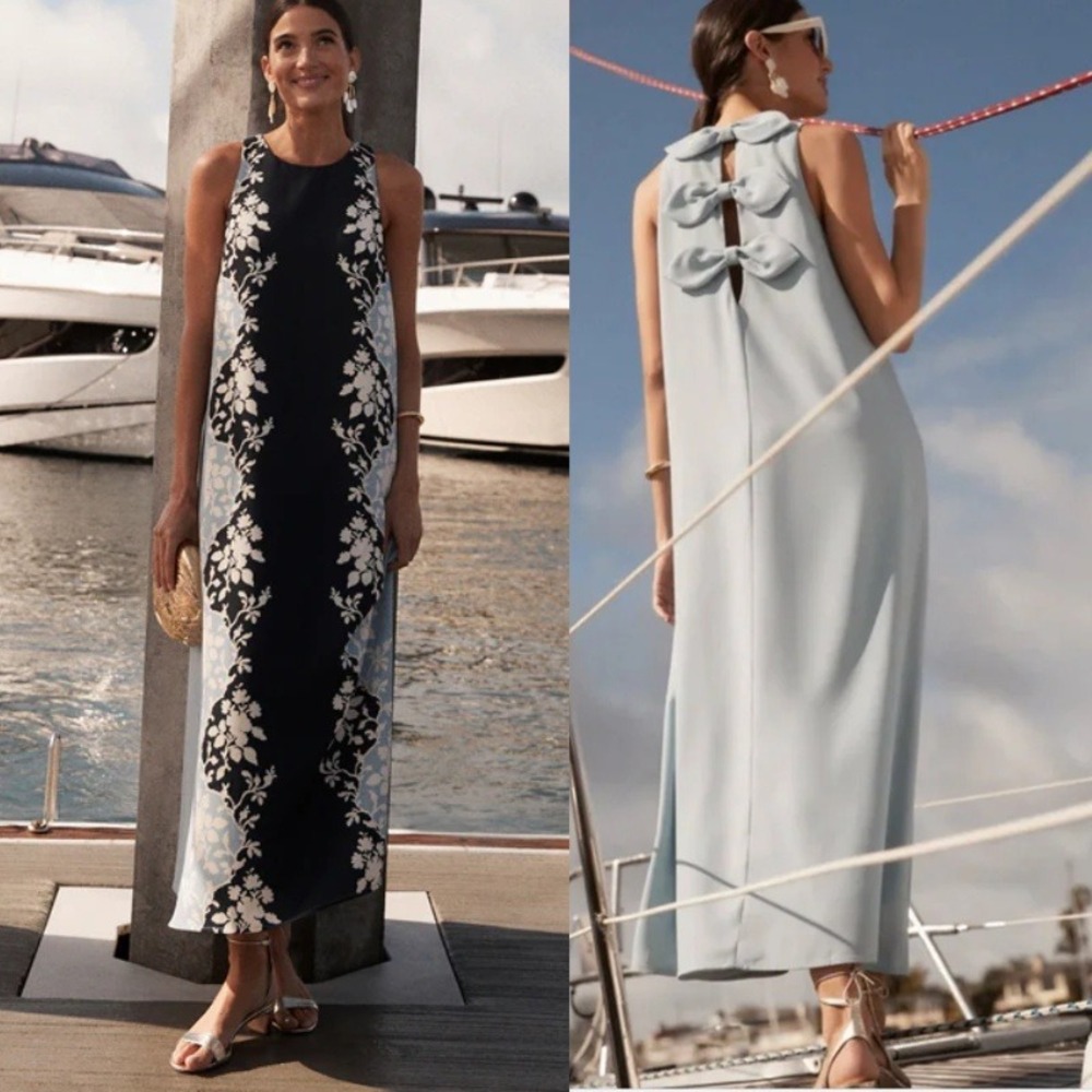 Tuckernuck Blue Fog Portia Floral Maxi Dress Bow Back Navy Light Blue Medium - Picture 2 of 8